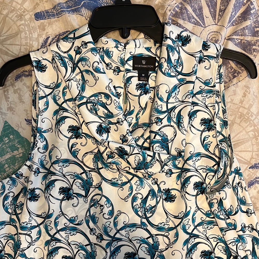 White Blouse with Teal Vine Design